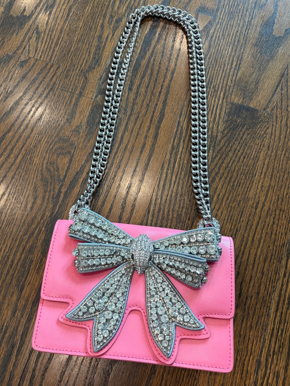 KURT GEIGER The Shoreditch Pink Leather Rhinestone Bow Chain Strap Crossbody Bag